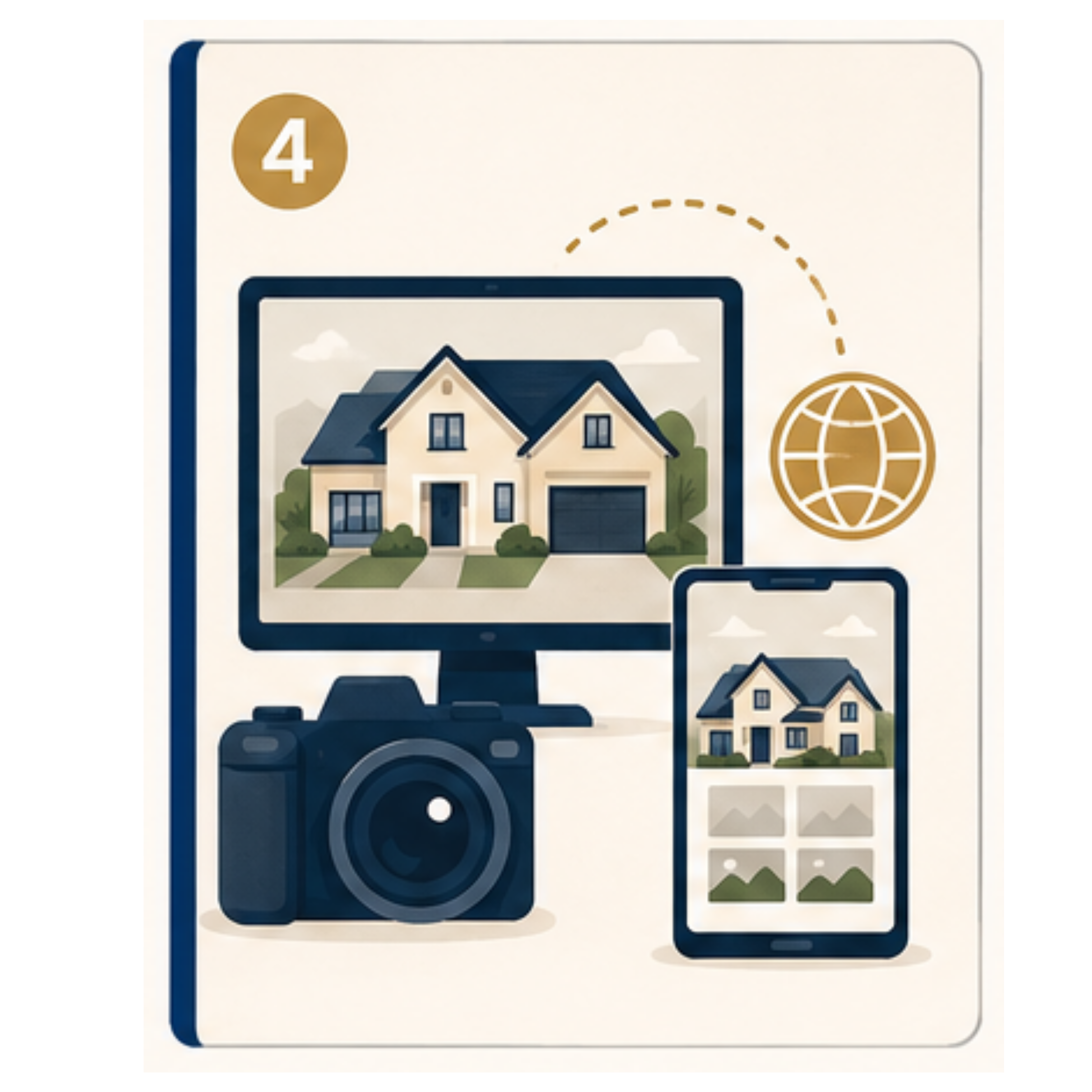 A house listing shown on a desktop monitor and a phone, beside a camera, connected to a globe icon.