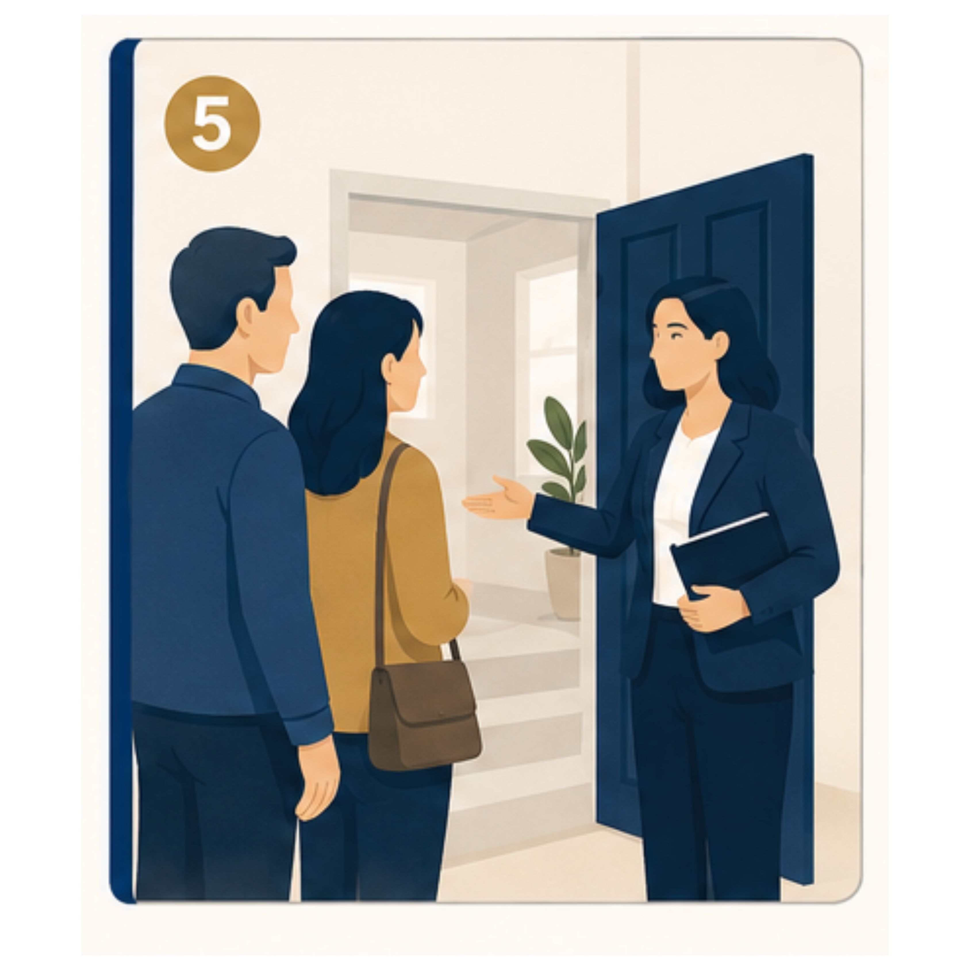 An agent opening a door to greet a couple for a home showing.
