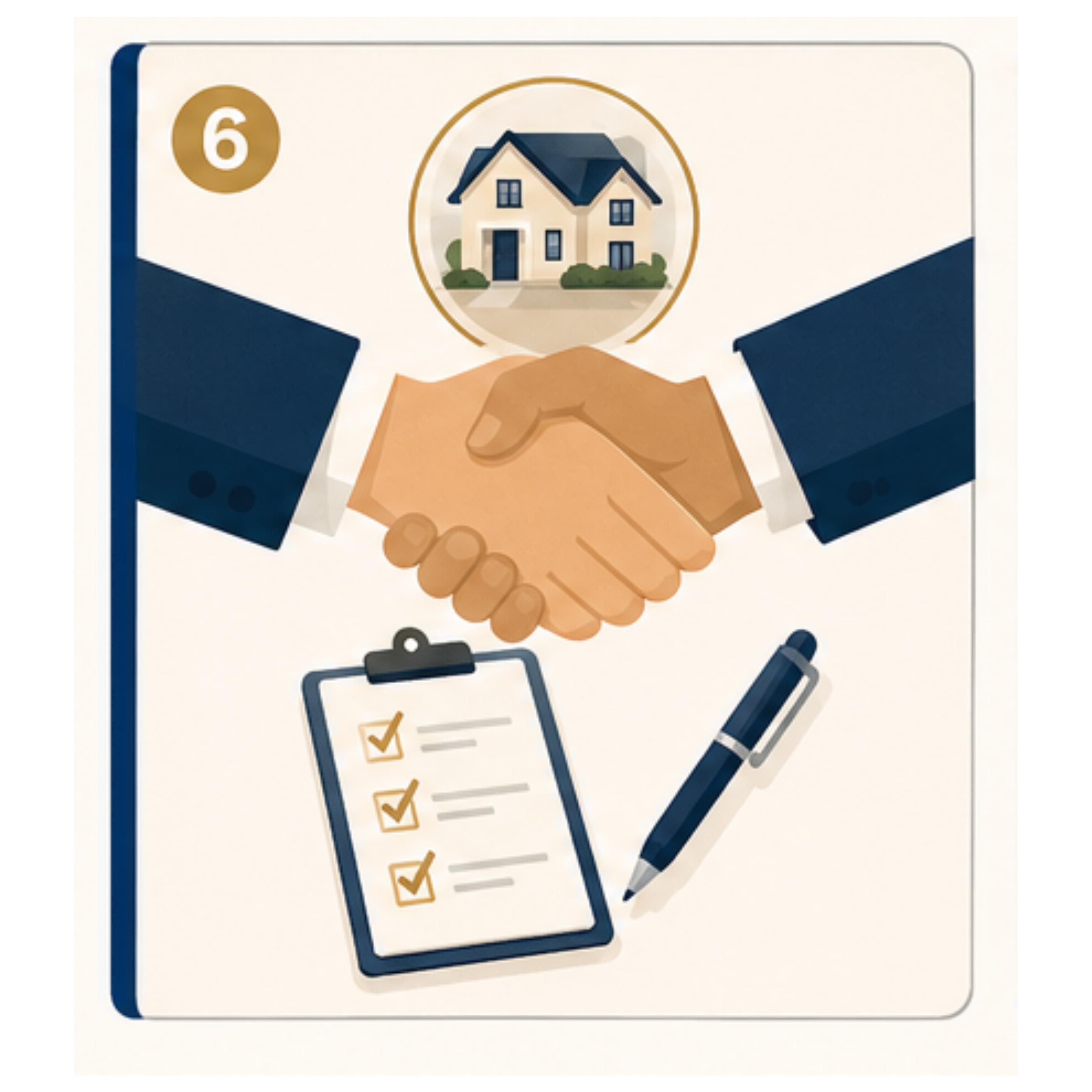 A handshake beneath a house icon, beside a signed checklist and a pen.
