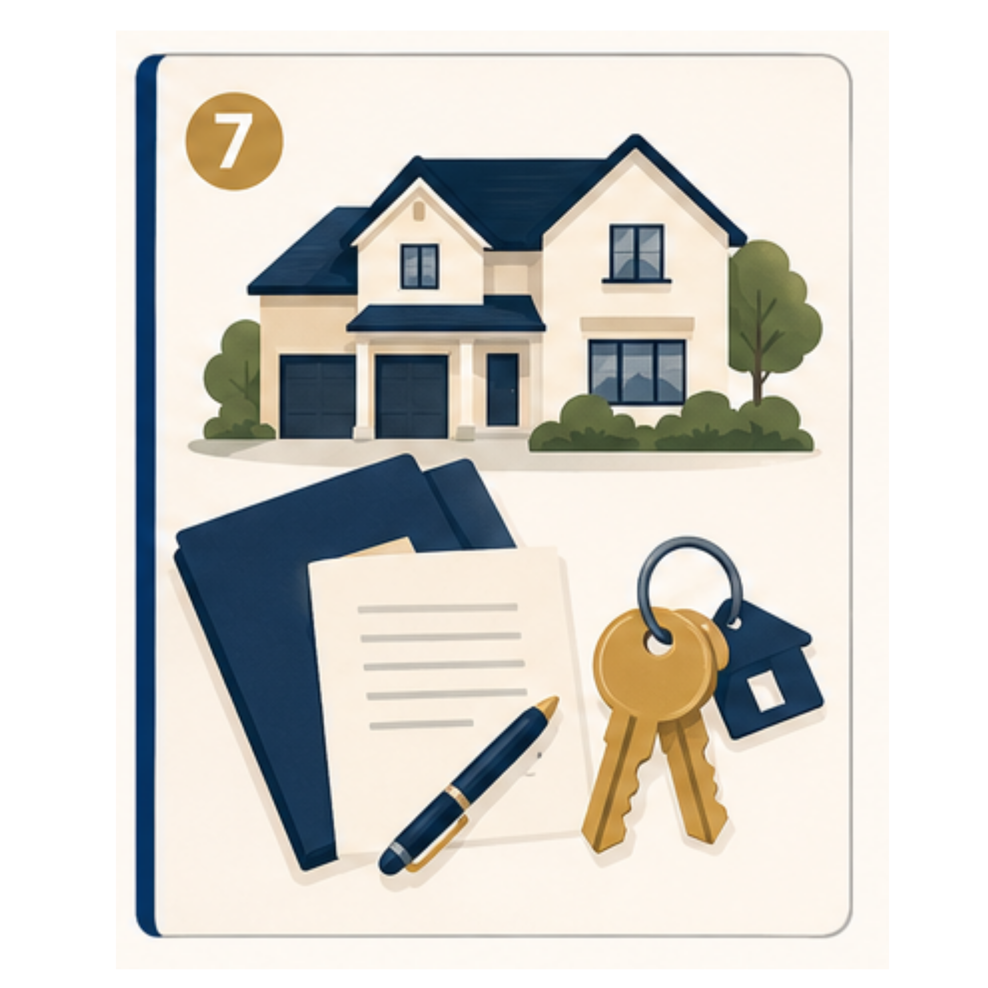 A house, a signed document, and a set of keys on a house-shaped keychain.