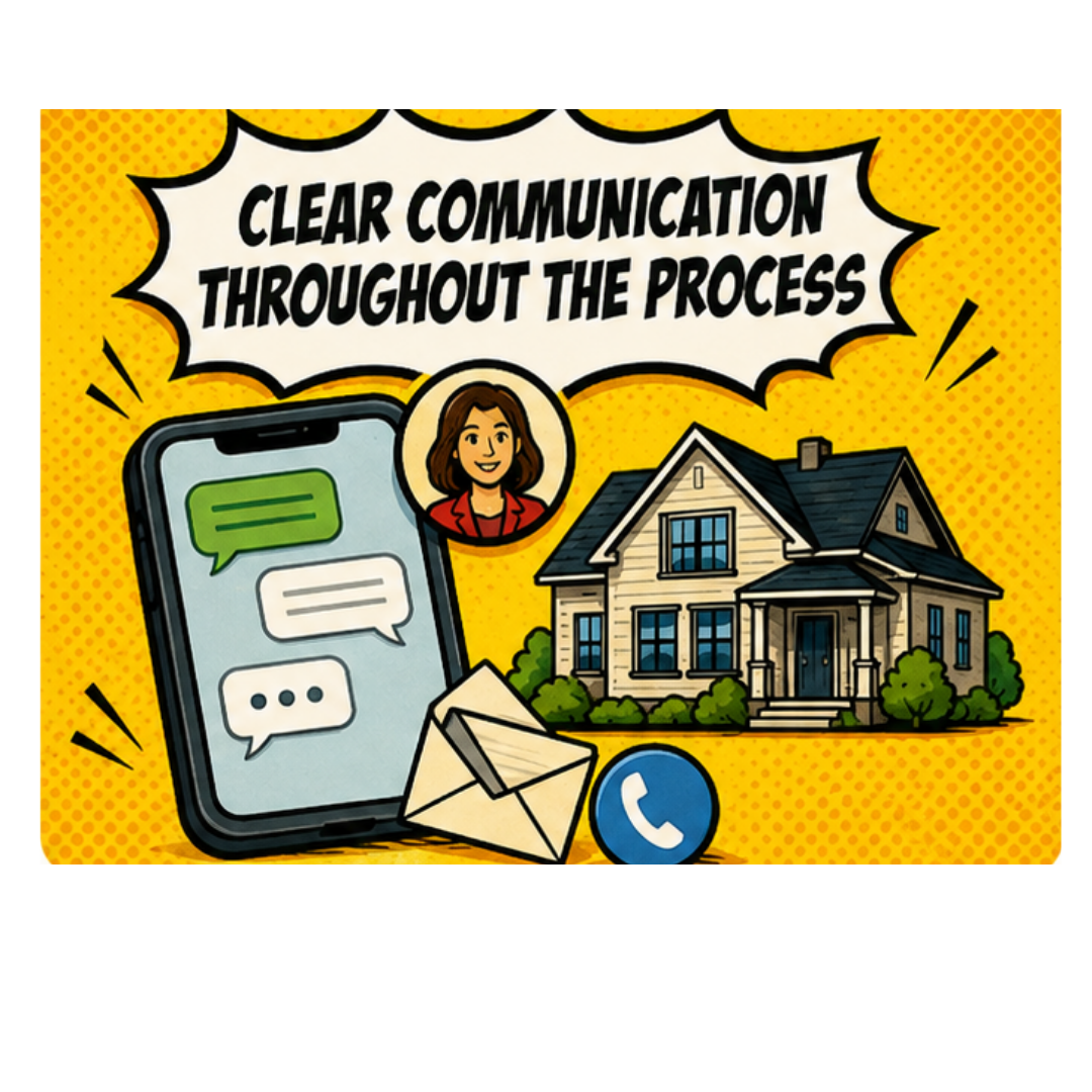 Illustration reading "Clear Communication Throughout the Process," showing a phone with text messages, an envelope, a phone-call icon, and a house.