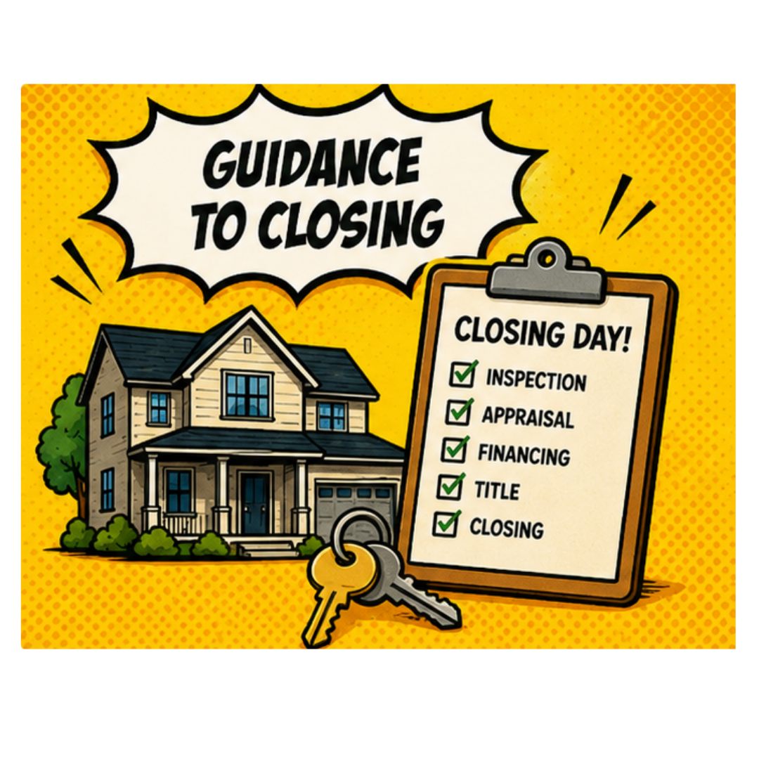 Illustration reading "Guidance to Closing," showing a house, a set of keys, and a "Closing Day" checklist.