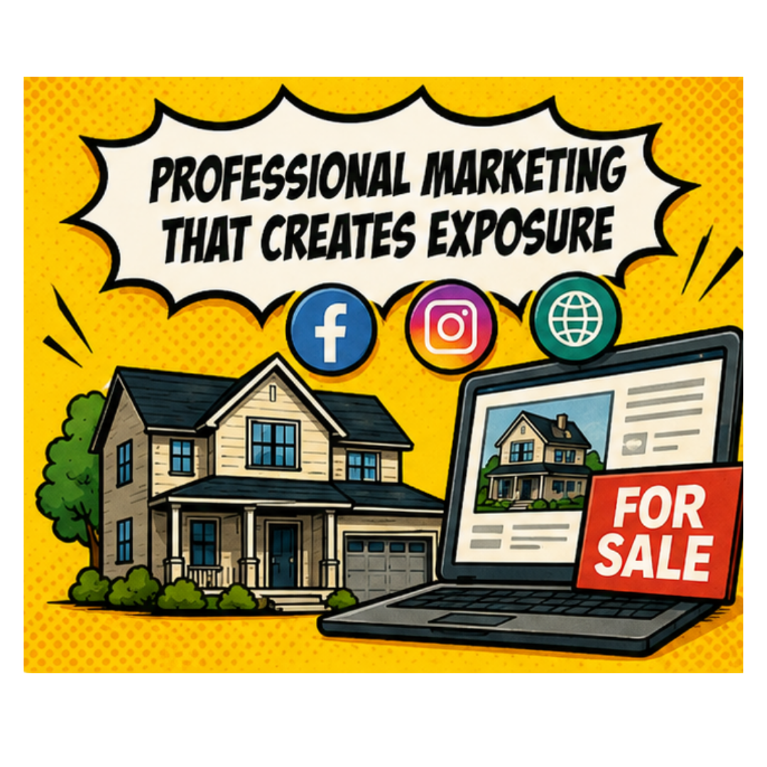Illustration reading "Professional Marketing That Creates Exposure," showing a house, social media icons, and a laptop displaying a "For Sale" listing.