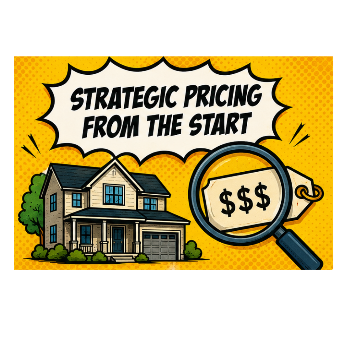 Illustration reading "Strategic Pricing From the Start," with a house and a magnifying glass over a price tag marked with dollar signs.