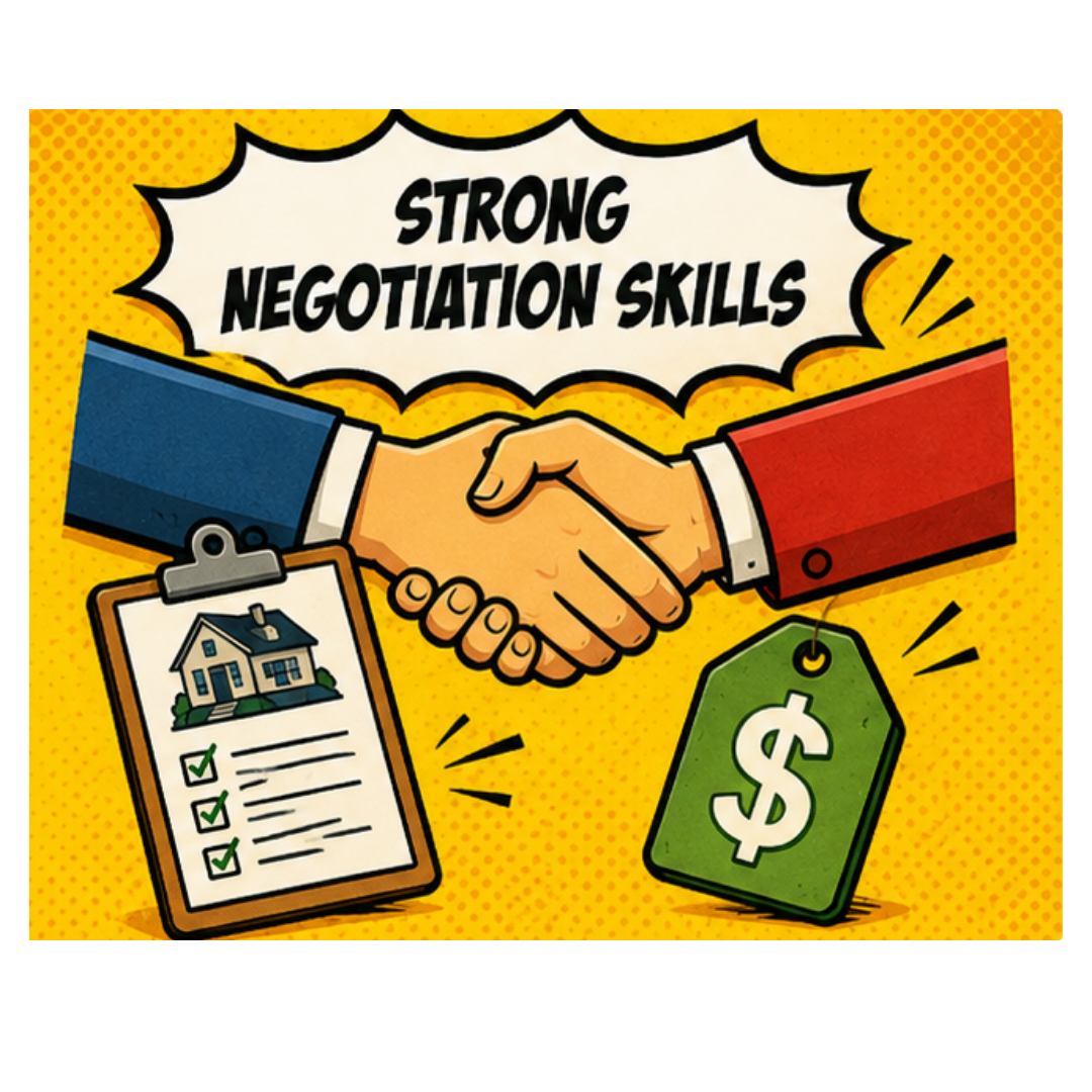 Illustration reading "Strong Negotiation Skills," showing a handshake over a clipboard beside a house and a price tag.