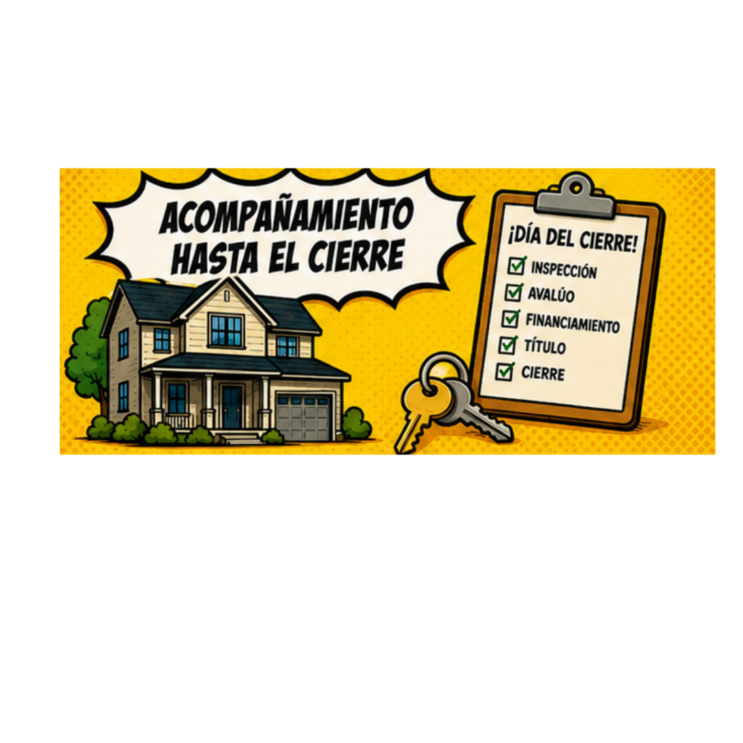 Ilustración con el texto "¡Día Del Cierre!" y una lista de verificación, junto con una casa y un juego de llaves.