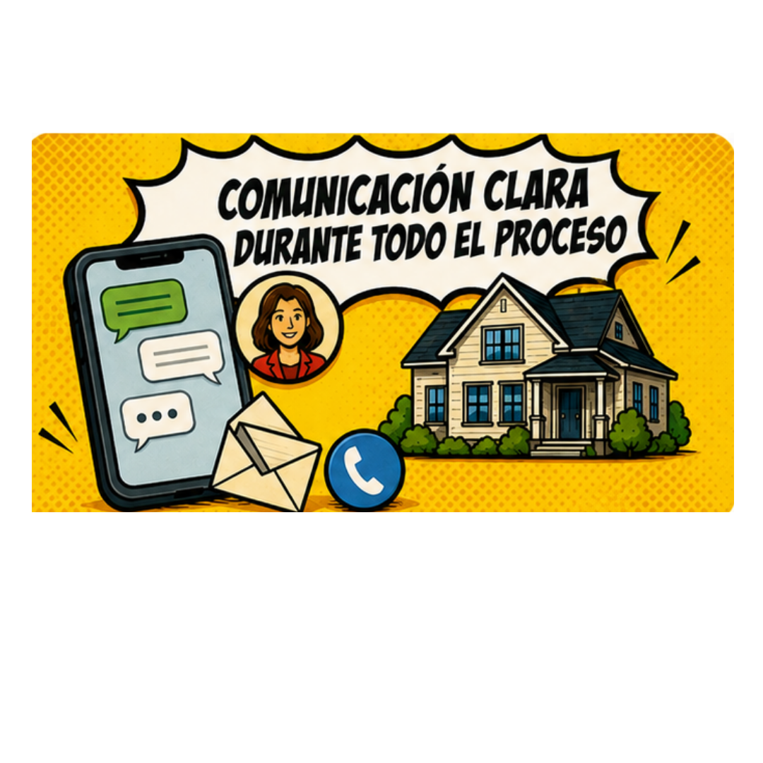 Ilustración con el texto "Comunicación Clara Durante Todo El Proceso," con un teléfono con mensajes de texto, un sobre, un ícono de llamada y una casa.
