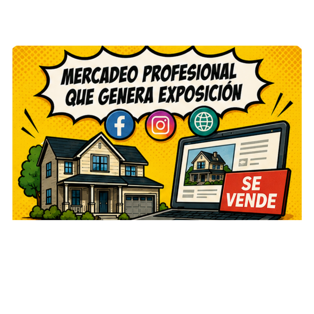 Ilustración con el texto "Mercadeo Profesional Que Genera Exposición," con una casa, íconos de redes sociales y una laptop mostrando un anuncio "Se Vende."