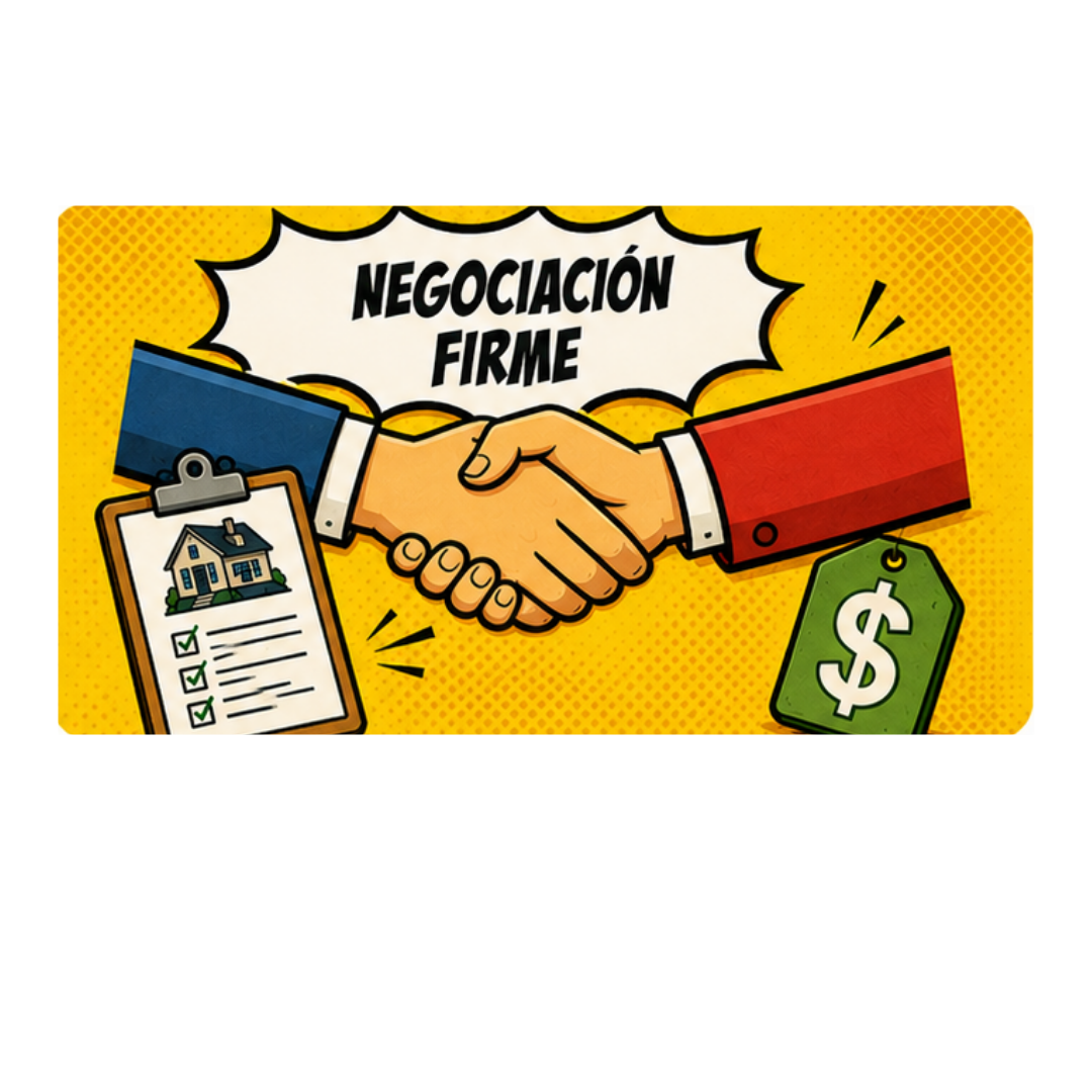 Ilustración con el texto "Negociación Firme," con un apretón de manos sobre un portapapeles junto a una casa y una etiqueta de precio.