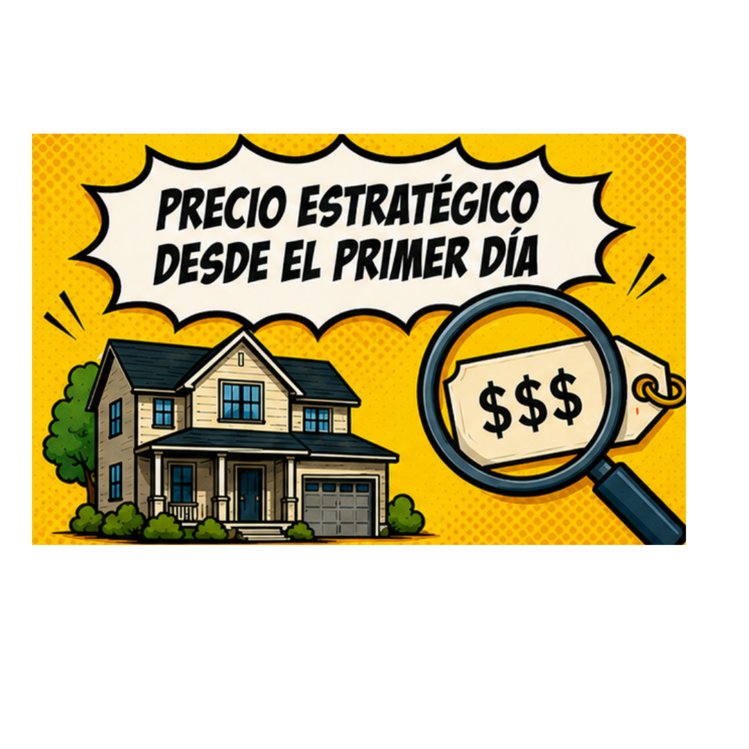 Ilustración con el texto "Precio Estratégico Desde El Primer Día," con una casa y una lupa sobre una etiqueta de precio con símbolos de dólar.